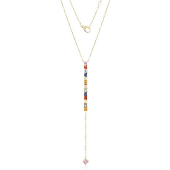 Multi Color Diamond 14K(or 18k upon request)Yellow Gold Sapphire Lariat Necklace